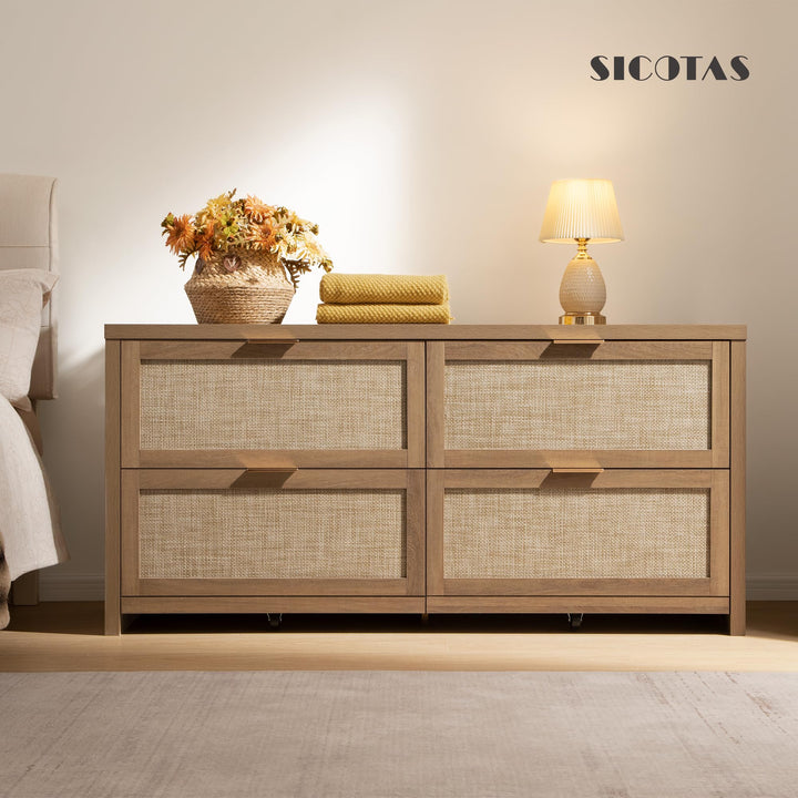 SICOTAS 60.8" Dresser for Bedroom, Rattan Boho Dresser with 4 Deep Drawers 