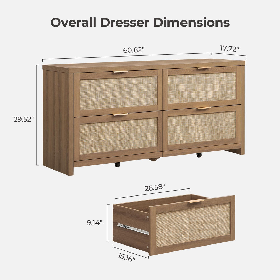 SICOTAS 60.8" Dresser for Bedroom, Rattan Boho Dresser with 4 Deep Drawers 