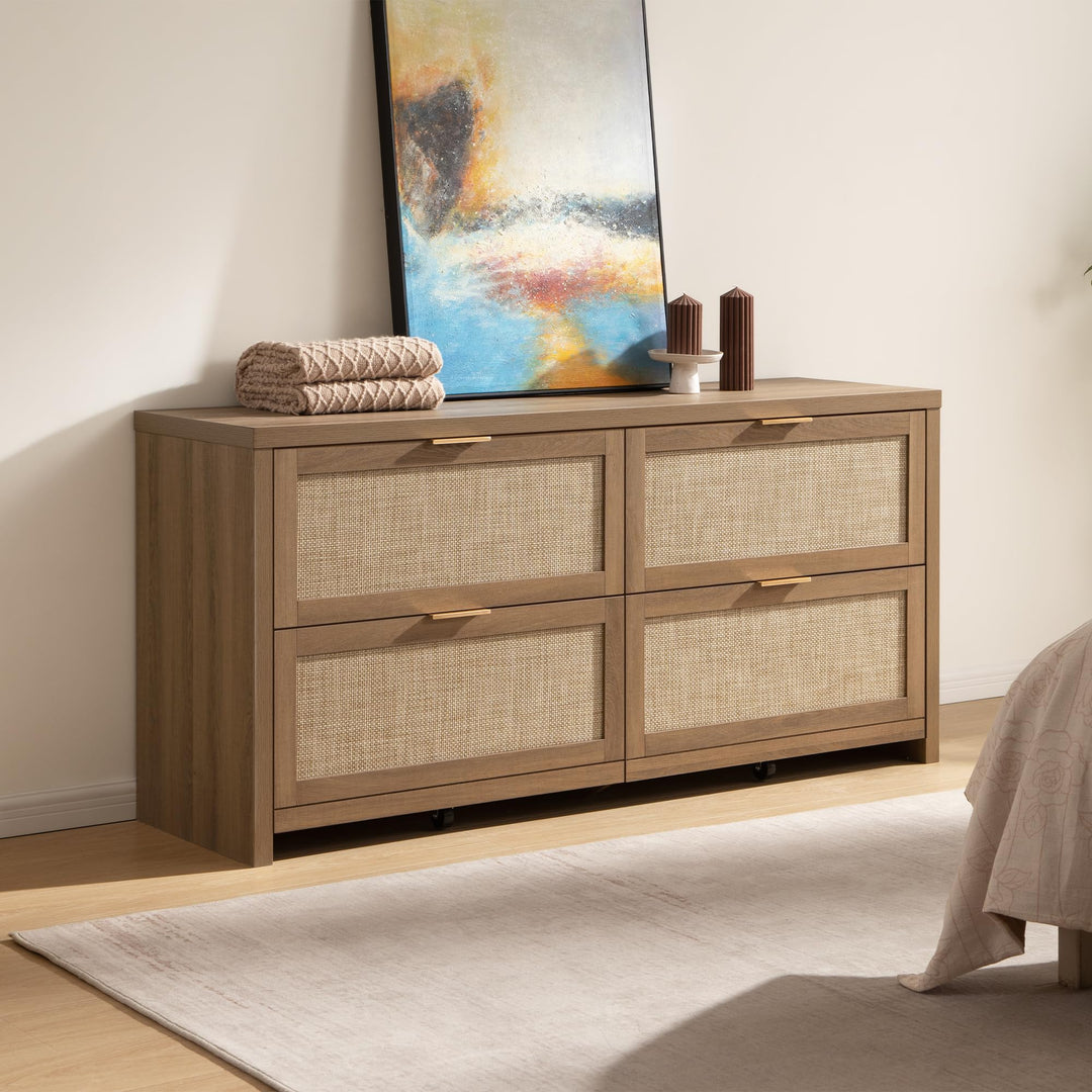 SICOTAS 60.8" Dresser for Bedroom, Rattan Boho Dresser with 4 Deep Drawers 