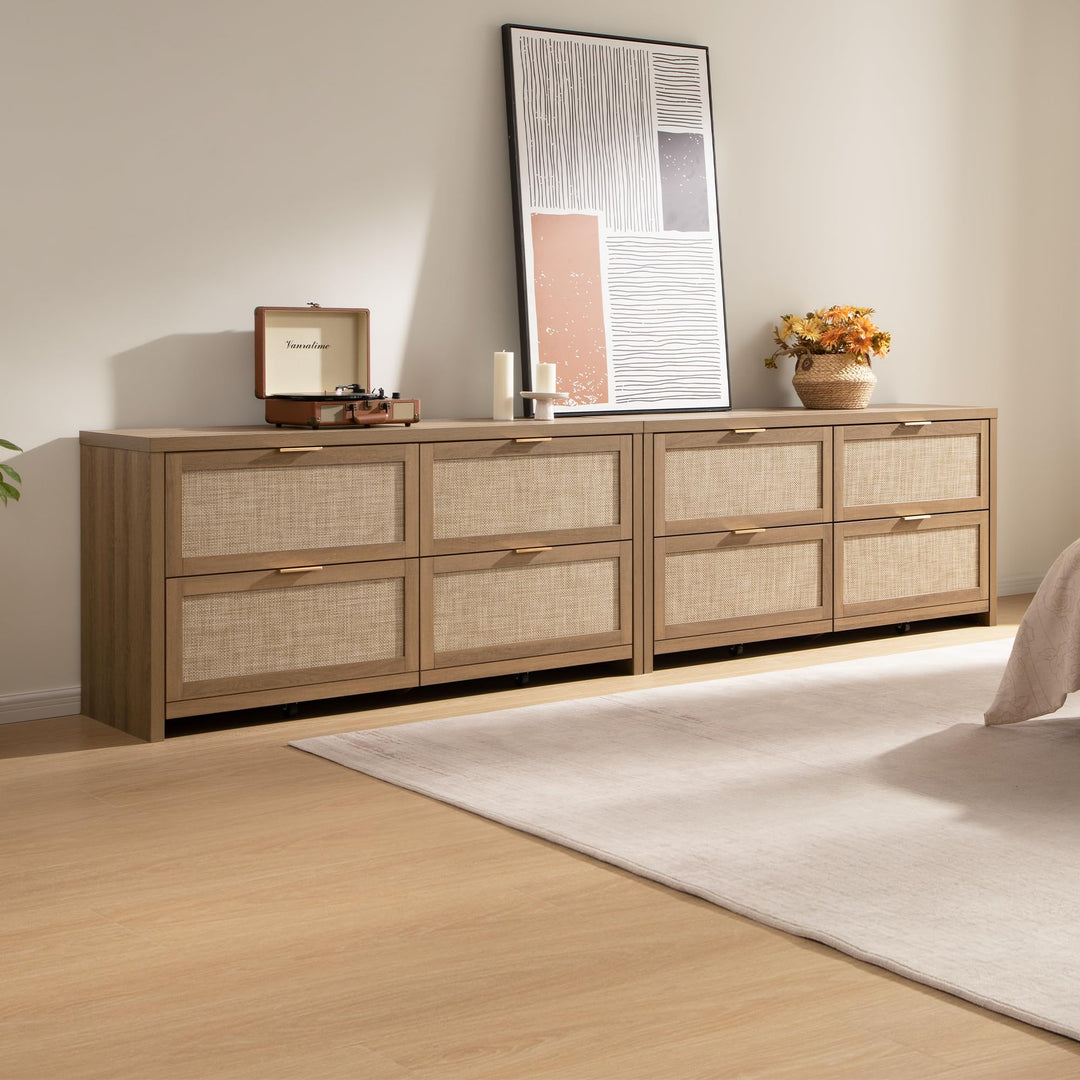 SICOTAS 60.8" Dresser for Bedroom, Rattan Boho Dresser with 4 Deep Drawers 