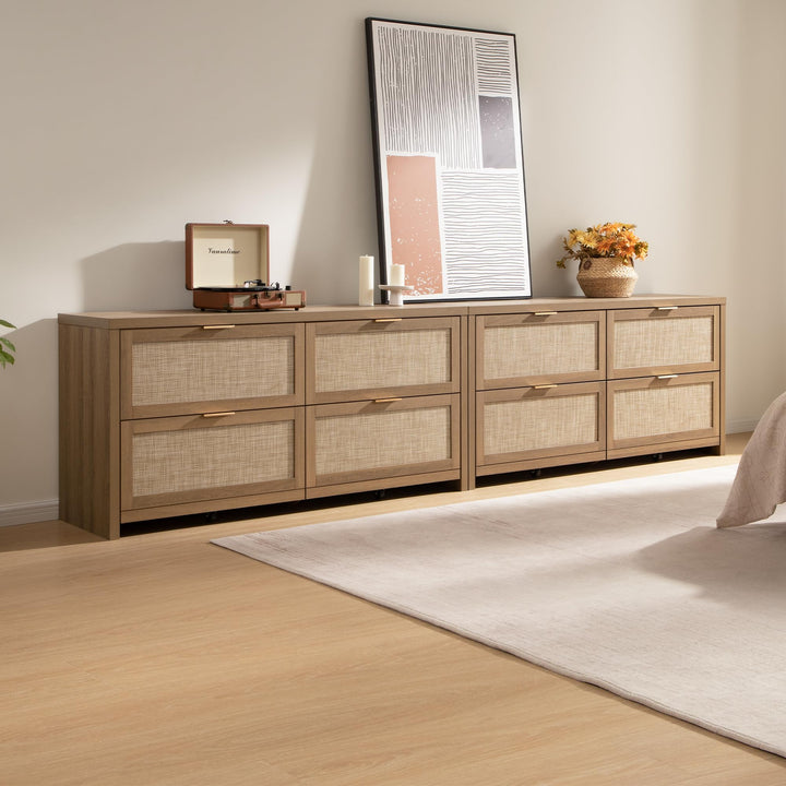 SICOTAS 60.8" Dresser for Bedroom, Rattan Boho Dresser with 4 Deep Drawers 