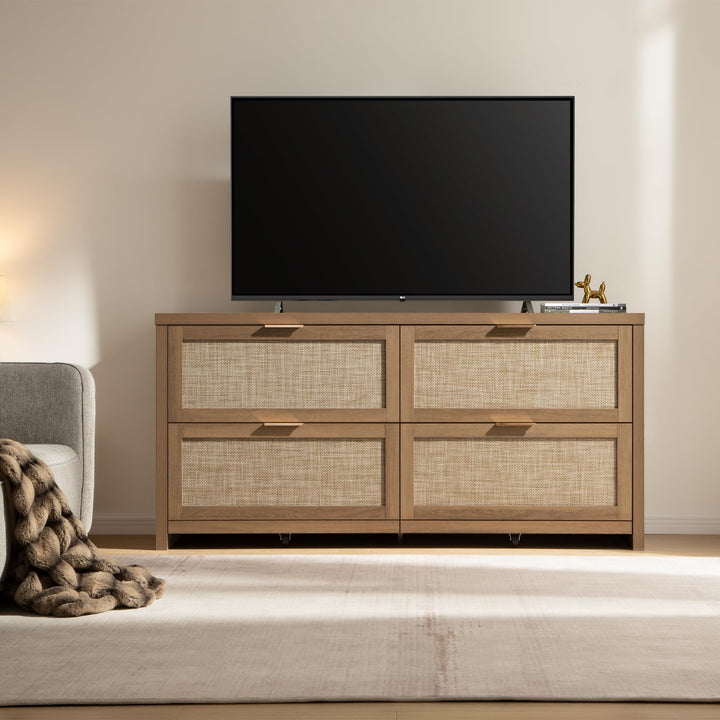 SICOTAS 60.8" Dresser for Bedroom, Rattan Boho Dresser with 4 Deep Drawers 