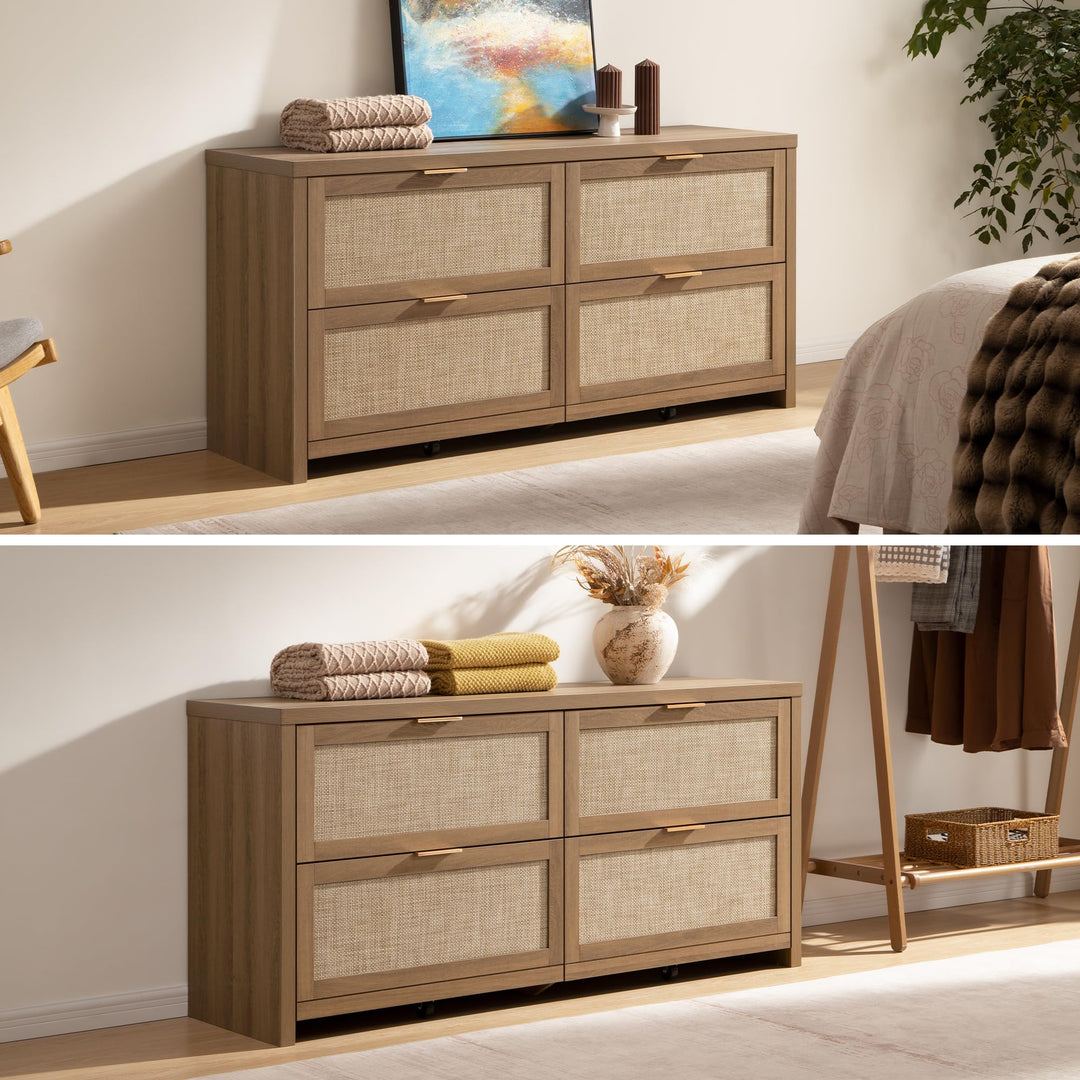 SICOTAS 60.8" Dresser for Bedroom, Rattan Boho Dresser with 4 Deep Drawers 