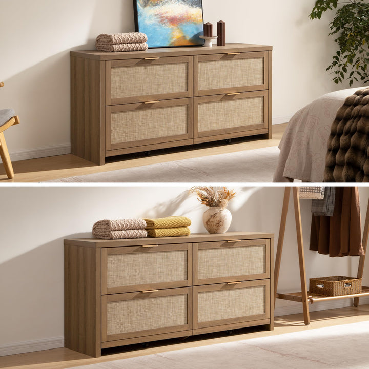 SICOTAS 60.8" Dresser for Bedroom, Rattan Boho Dresser with 4 Deep Drawers 