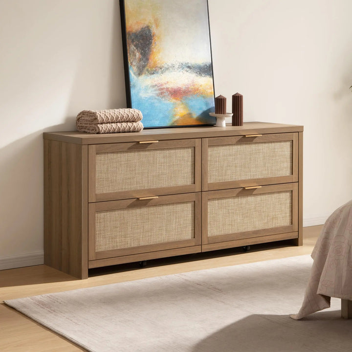 SICOTAS 60.8" Dresser for Bedroom, Rattan Boho Dresser with 4 Deep Drawers 