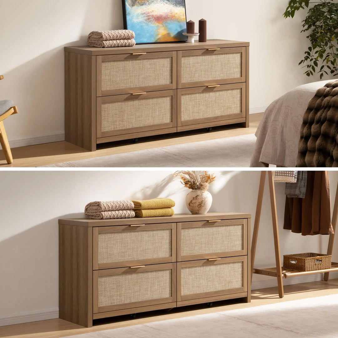 SICOTAS 60.8" Dresser for Bedroom, Rattan Boho Dresser with 4 Deep Drawers 