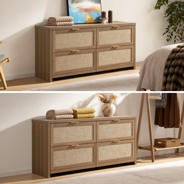 SICOTAS 60.8" Dresser for Bedroom, Rattan Boho Dresser with 4 Deep Drawers 