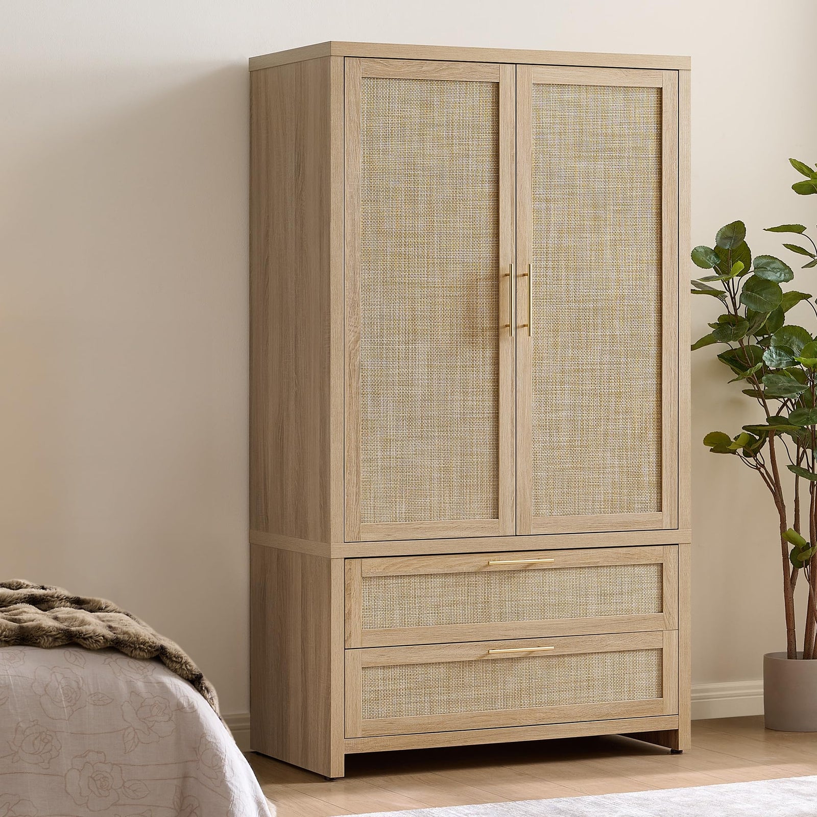 SICOTAS 71 inch Rattan Wardrobe Closet : Armoire Wardrobe with Drawers 