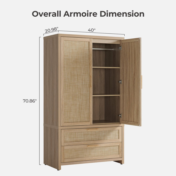 SICOTAS 71 inch Rattan Wardrobe Closet : Armoire Wardrobe with Drawers 