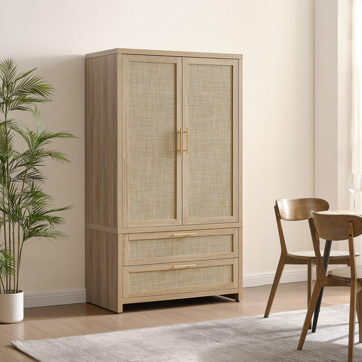 SICOTAS 71 inch Rattan Wardrobe Closet : Armoire Wardrobe with Drawers 