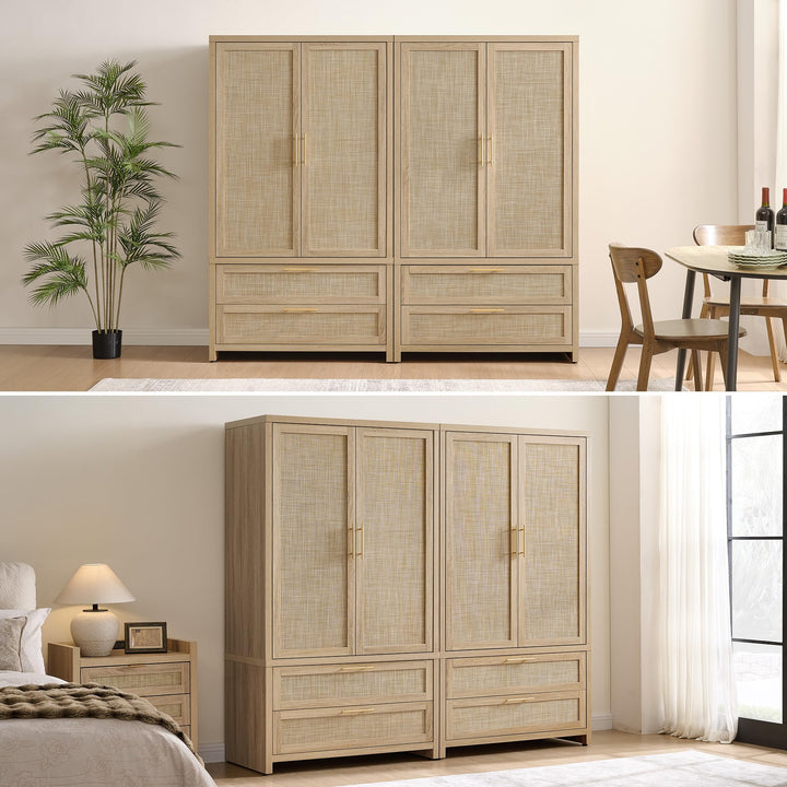 SICOTAS 71 inch Rattan Wardrobe Closet : Armoire Wardrobe with Drawers 