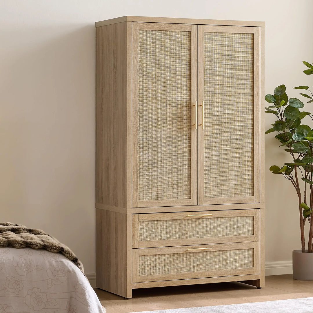 SICOTAS 71 inch Rattan Wardrobe Closet : Armoire Wardrobe with Drawers 