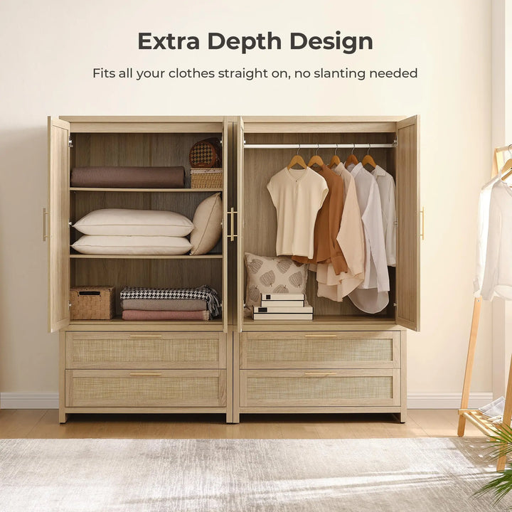 SICOTAS 71 inch Rattan Wardrobe Closet : Armoire Wardrobe with Drawers 