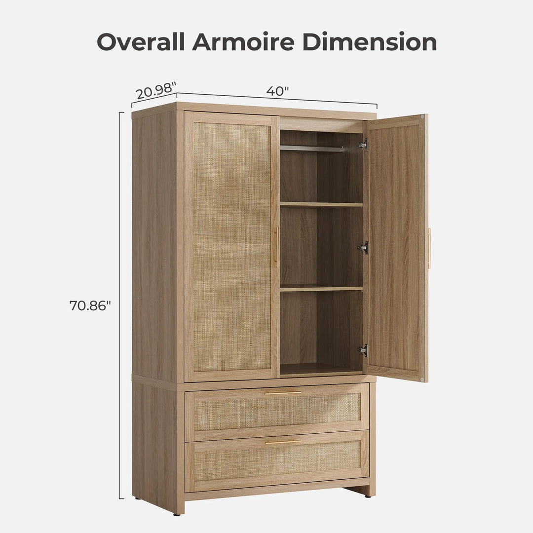 SICOTAS 71 inch Rattan Wardrobe Closet : Armoire Wardrobe with Drawers 