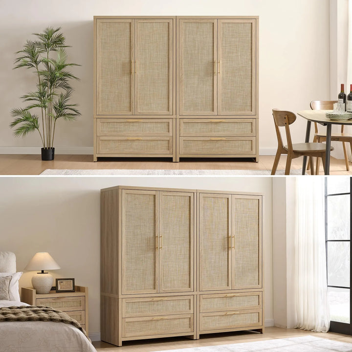 SICOTAS 71 inch Rattan Wardrobe Closet : Armoire Wardrobe with Drawers 