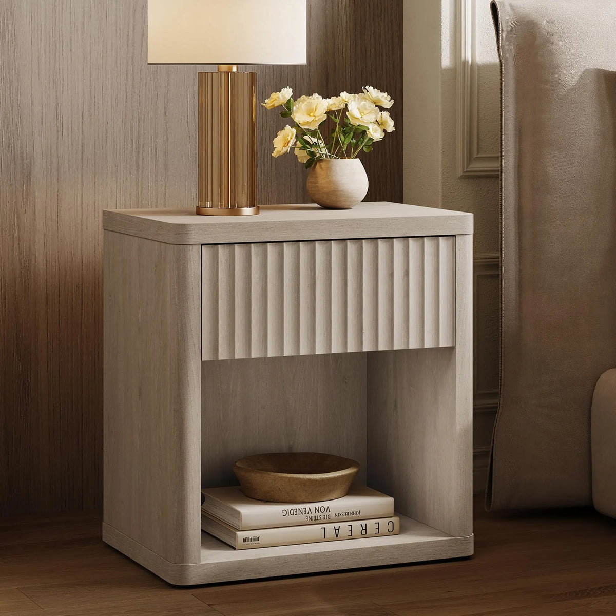 SICOTAS Night Stand Nightstand with Drawer Storage Fluted Bed Side Table End Table Large Modern Wide Bedside Stand Mid Century Night Stands for Bedroom Living Room Sofa Couch Home Office, White Alder 