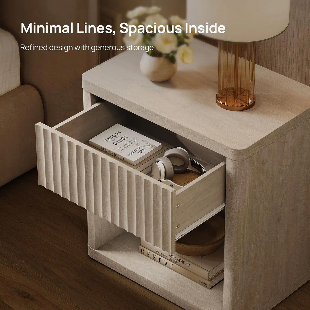 SICOTAS Night Stand Nightstand with Drawer Storage Fluted Bed Side Table End Table Large Modern Wide Bedside Stand Mid Century Night Stands for Bedroom Living Room Sofa Couch Home Office, White Alder 
