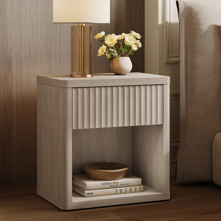 SICOTAS Night Stand Nightstand with Drawer Storage Fluted Bed Side Table End Table Large Modern Wide Bedside Stand Mid Century Night Stands for Bedroom Living Room Sofa Couch Home Office, White Alder 
