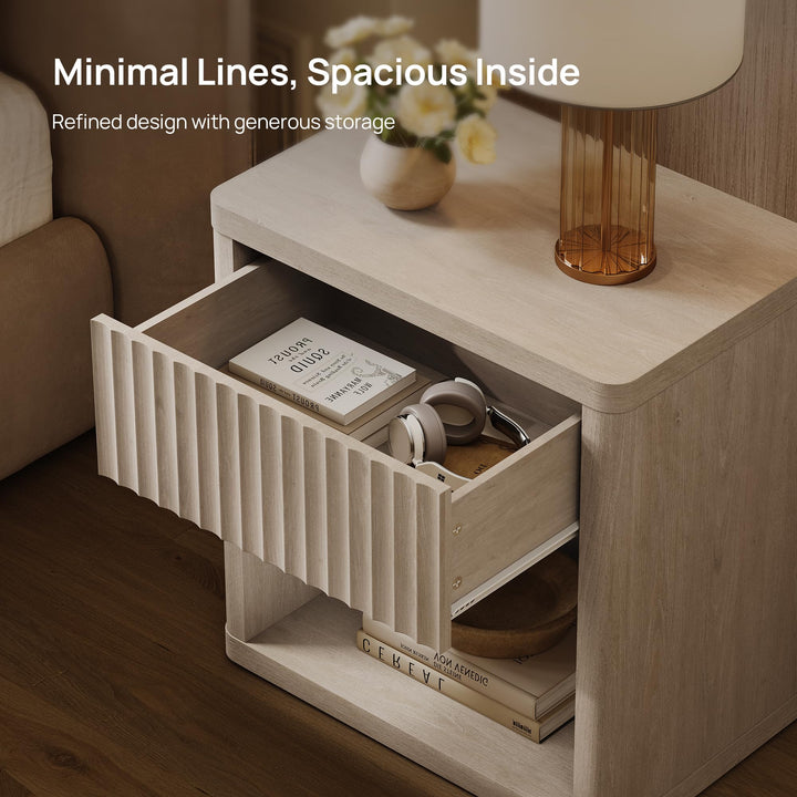 SICOTAS Night Stand Nightstand with Drawer Storage Fluted Bed Side Table End Table Large Modern Wide Bedside Stand Mid Century Night Stands for Bedroom Living Room Sofa Couch Home Office, White Alder 