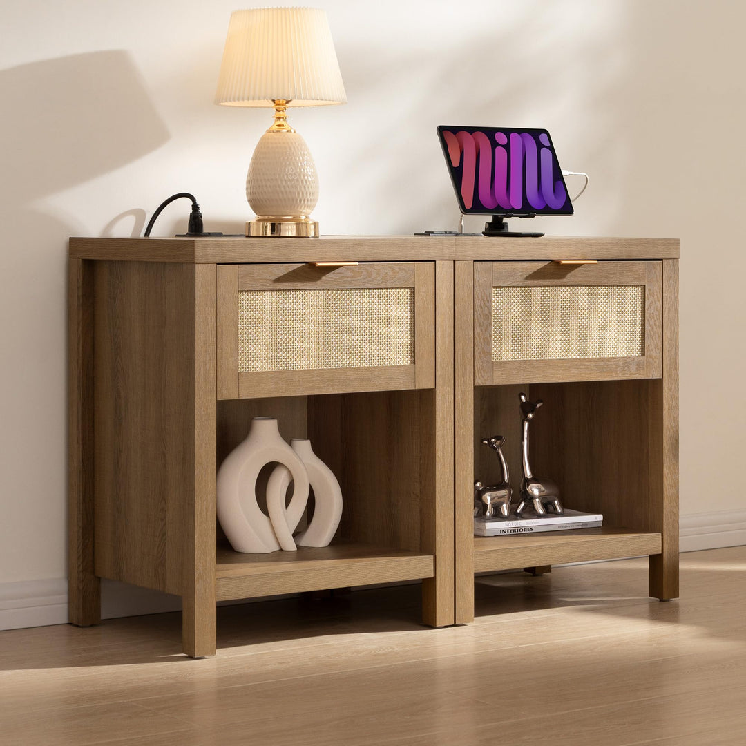 SICOTAS Nightstands Set of 2 with Charging Station Rattan Night Stand 