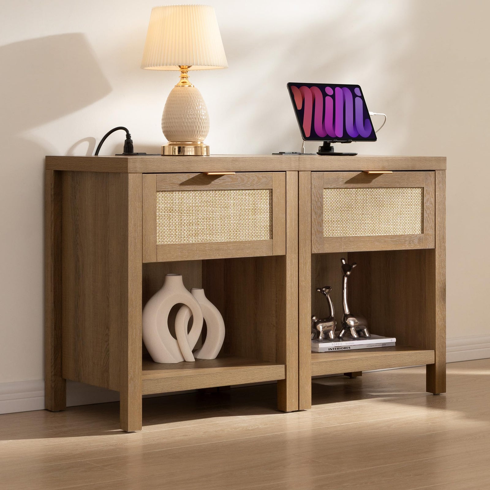 SICOTAS Nightstands Set of 2 with Charging Station Rattan Night Stand 