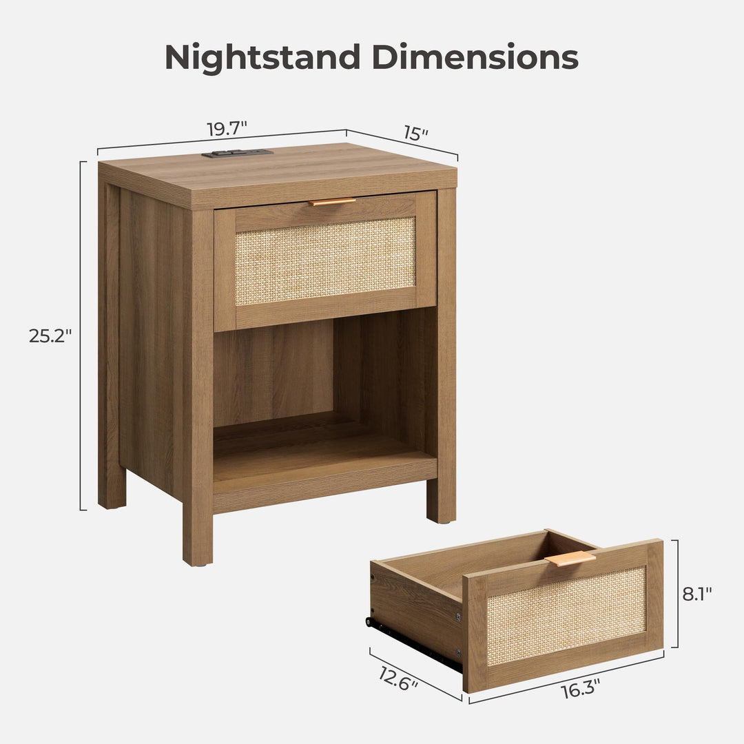 SICOTAS Nightstands Set of 2 with Charging Station Rattan Night Stand 