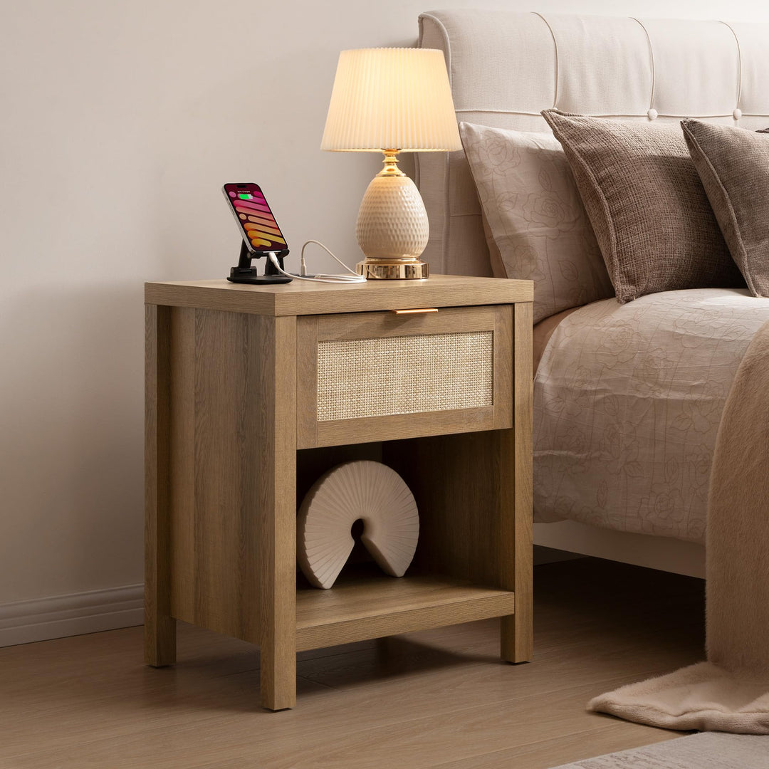 SICOTAS Nightstands Set of 2 with Charging Station Rattan Night Stand 
