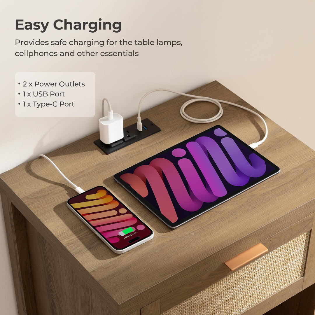 SICOTAS Nightstands Set of 2 with Charging Station Rattan Night Stand 