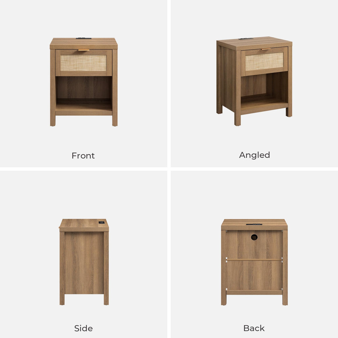 SICOTAS Nightstands Set of 2 with Charging Station Rattan Night Stand 