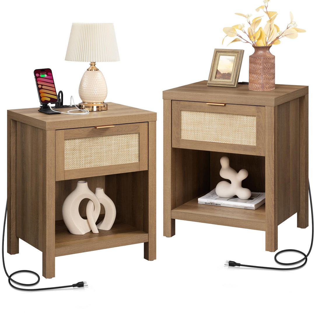SICOTAS Nightstands Set of 2 with Charging Station Rattan Night Stand 