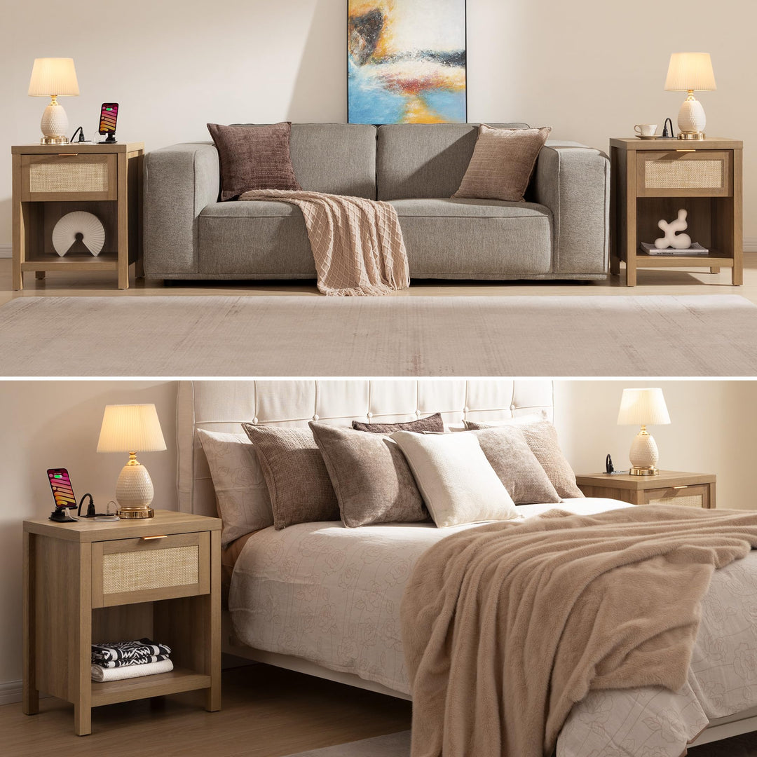 SICOTAS Nightstands Set of 2 with Charging Station Rattan Night Stand 
