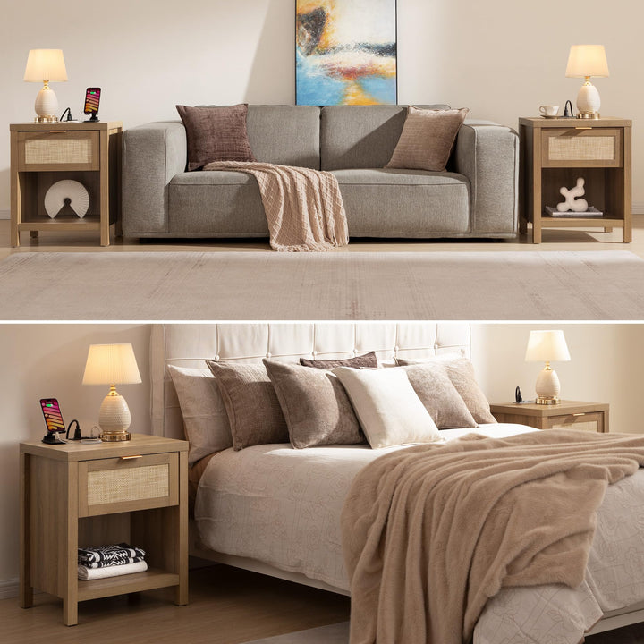 SICOTAS Nightstands Set of 2 with Charging Station Rattan Night Stand 