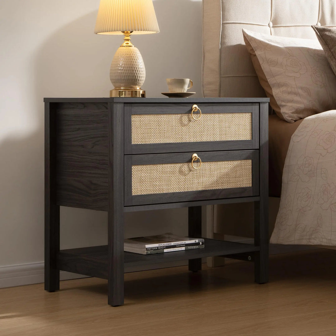 SICOTAS Rattan Nightstand Set of 2, Wide Boho Bedside Table with 2 Drawers 