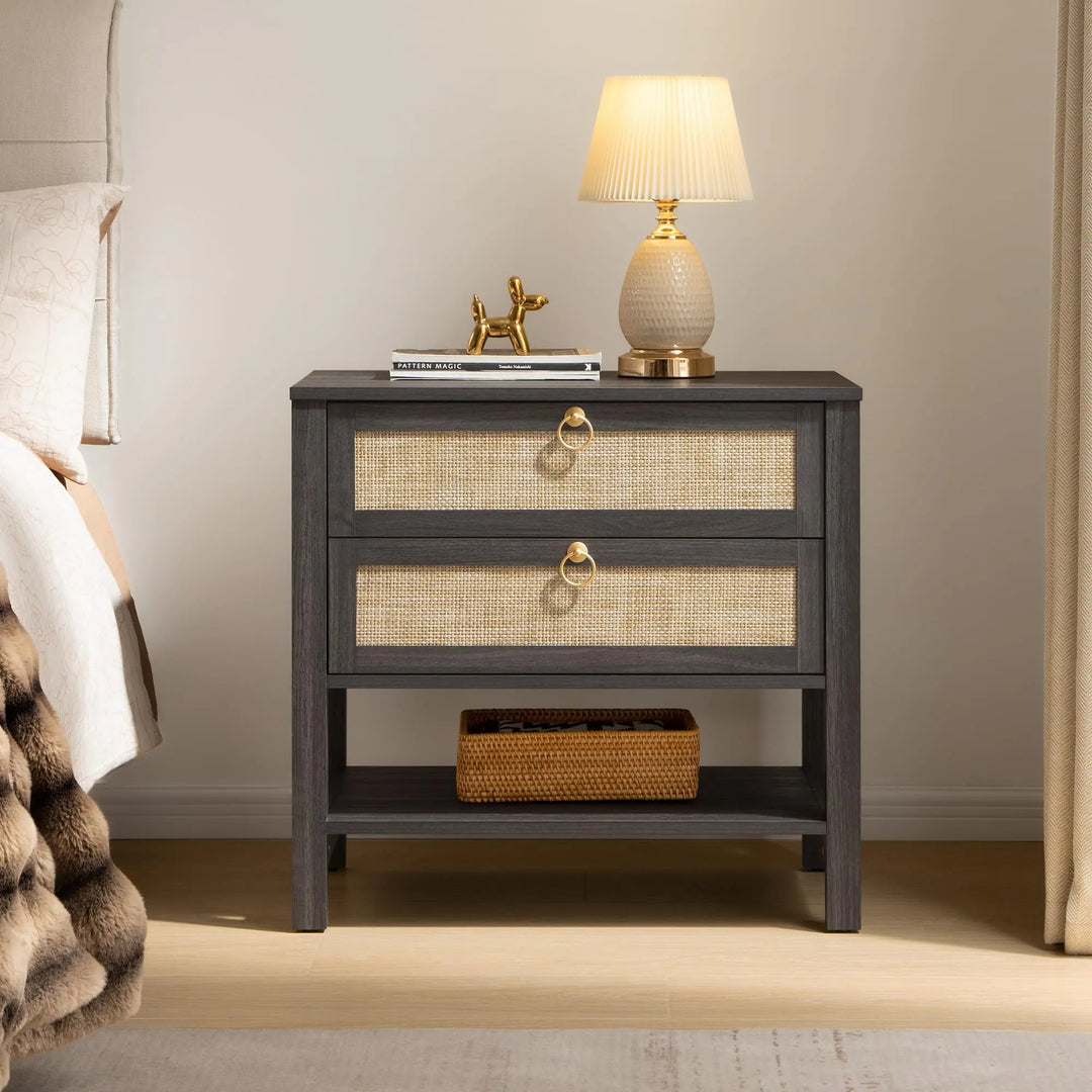 SICOTAS Rattan Nightstand Set of 2, Wide Boho Bedside Table with 2 Drawers 