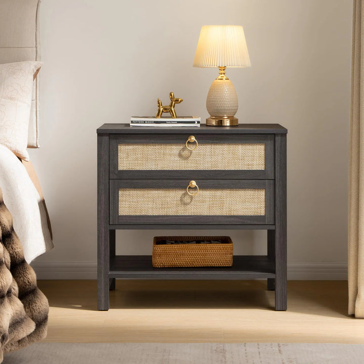 SICOTAS Rattan Nightstand Set of 2, Wide Boho Bedside Table with 2 Drawers 