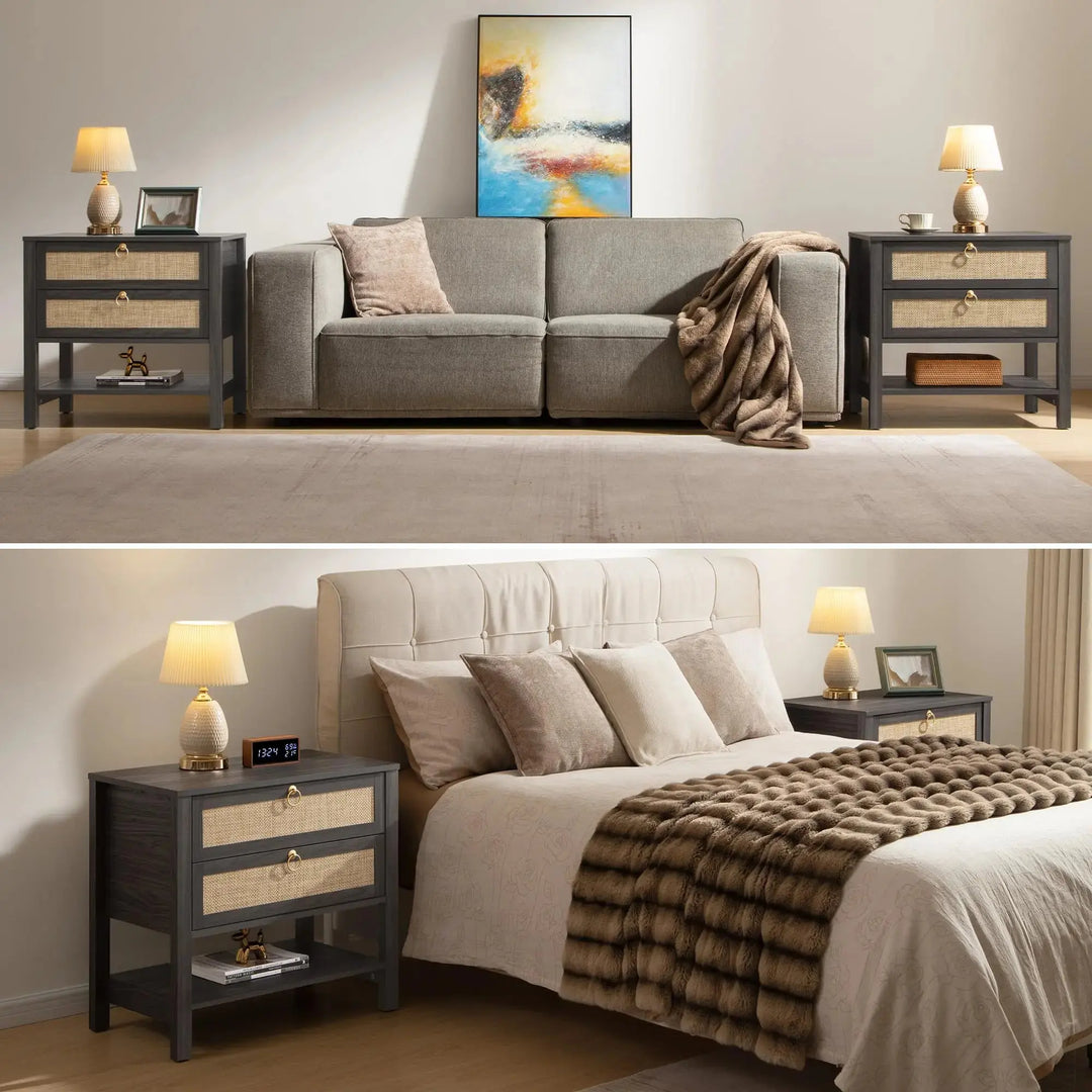 SICOTAS Rattan Nightstand Set of 2, Wide Boho Bedside Table with 2 Drawers 