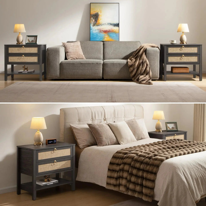 SICOTAS Rattan Nightstand Set of 2, Wide Boho Bedside Table with 2 Drawers 