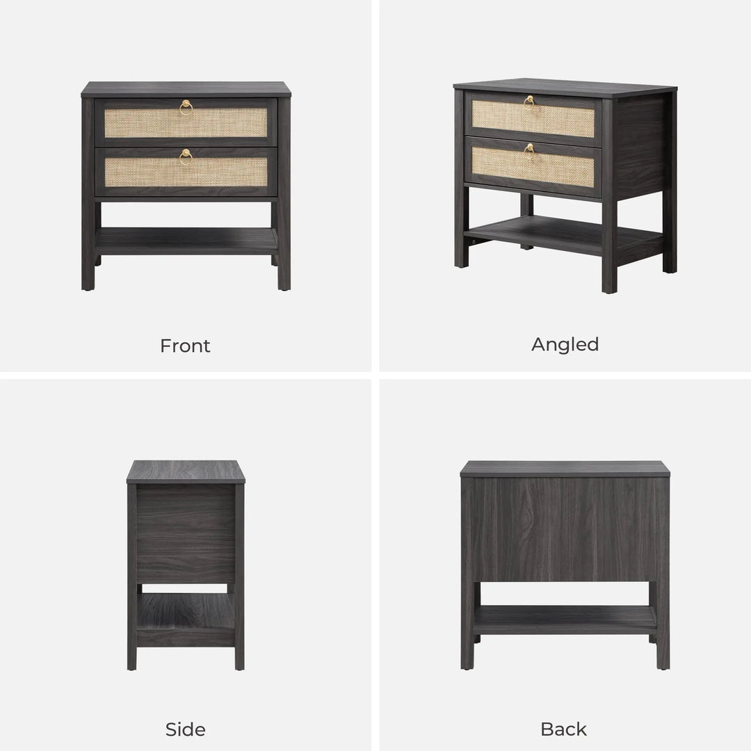 SICOTAS Rattan Nightstand Set of 2, Wide Boho Bedside Table with 2 Drawers 