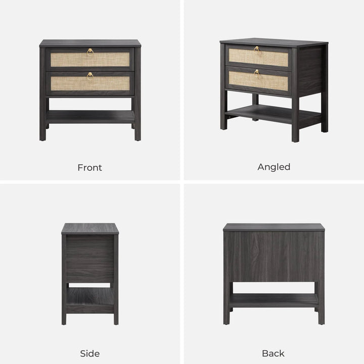 SICOTAS Rattan Nightstand Set of 2, Wide Boho Bedside Table with 2 Drawers 