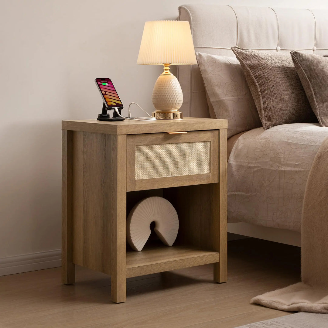 SICOTAS Nightstands Set of 2 with Charging Station Rattan Night Stand 