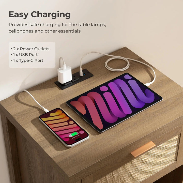 SICOTAS Nightstands Set of 2 with Charging Station Rattan Night Stand 