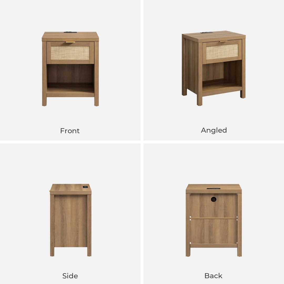 SICOTAS Nightstands Set of 2 with Charging Station Rattan Night Stand 