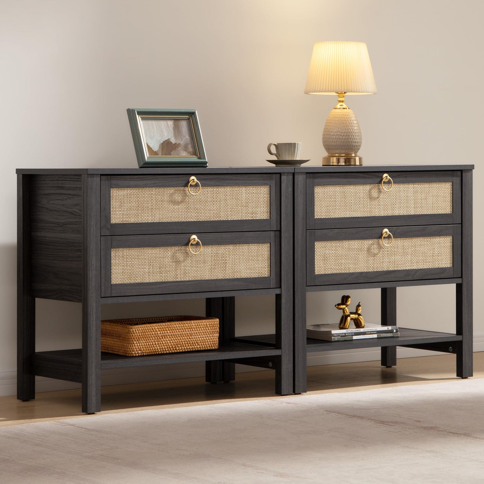SICOTAS Rattan Nightstand Set of 2, Wide Boho Bedside Table with 2 Drawers 