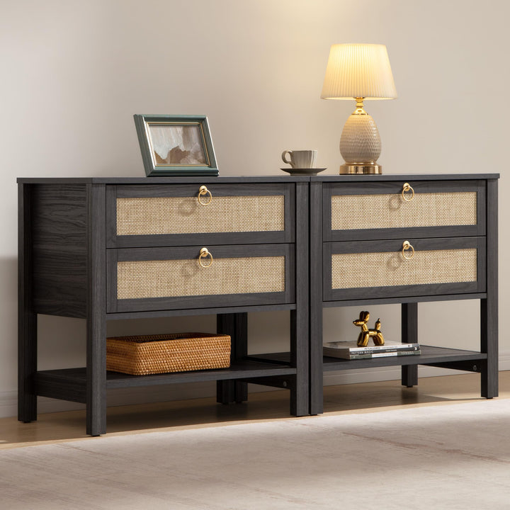 SICOTAS Rattan Nightstand Set of 2, Wide Boho Bedside Table with 2 Drawers 