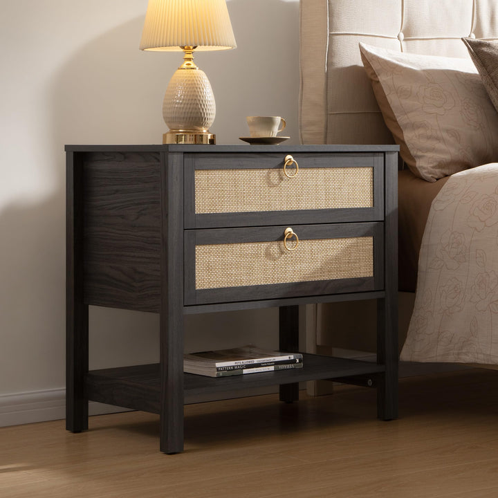 SICOTAS Rattan Nightstand Set of 2, Wide Boho Bedside Table with 2 Drawers 
