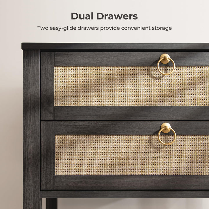 SICOTAS Rattan Nightstand Set of 2, Wide Boho Bedside Table with 2 Drawers 
