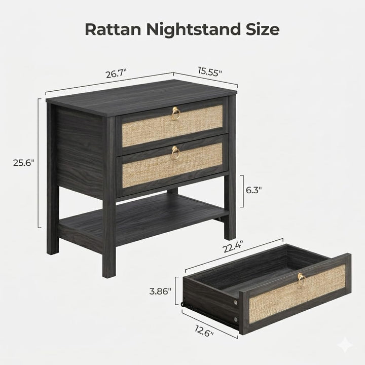 SICOTAS Rattan Nightstand Set of 2, Wide Boho Bedside Table with 2 Drawers 