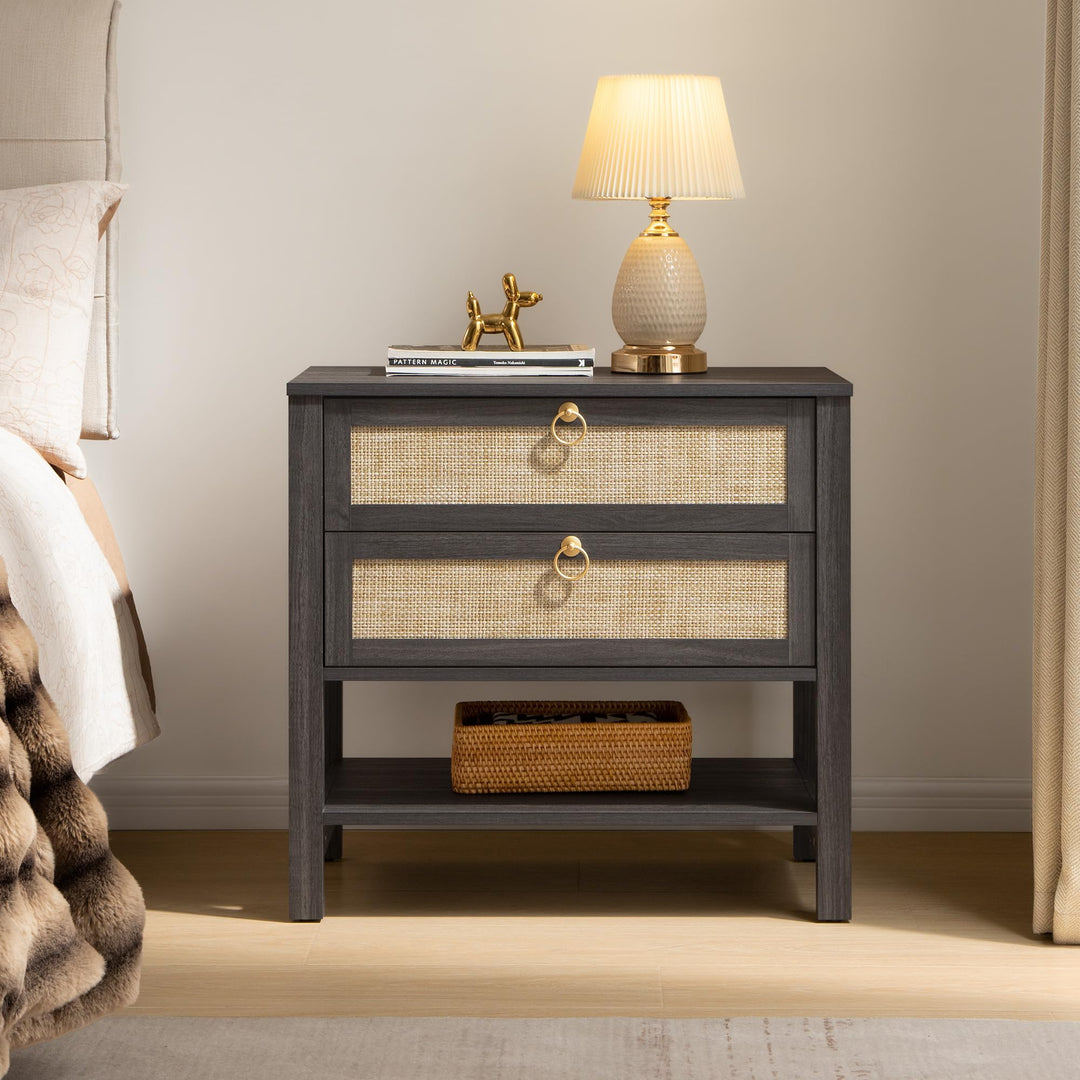 SICOTAS Rattan Nightstand Set of 2, Wide Boho Bedside Table with 2 Drawers 