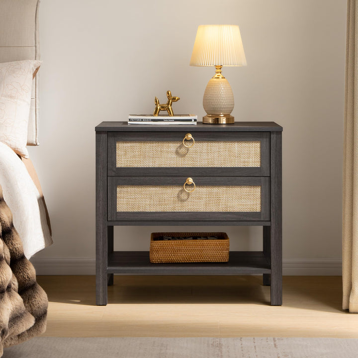 SICOTAS Rattan Nightstand Set of 2, Wide Boho Bedside Table with 2 Drawers 
