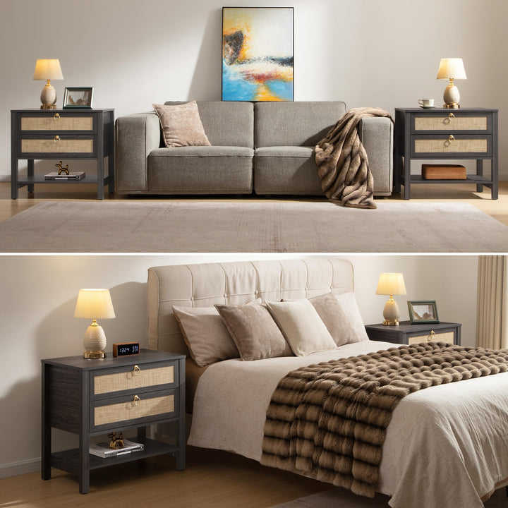 SICOTAS Rattan Nightstand Set of 2, Wide Boho Bedside Table with 2 Drawers 